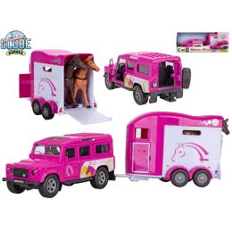 Kids Globe Horses Land Rover růžový kov s přívěsem pro koně 28cm zpětný chod v krabičce