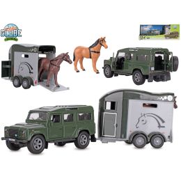 Kids Globe Farming Land Rover kov s přívěsem pro koně 26cm zpětný chod v krabičce