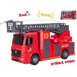 Auto hasiči 30cm stříkající vodu na setrvačník na baterie se světlem a zvukem v krabičce