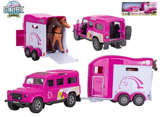 Kids Globe Horses Land Rover růžový kov s přívěsem pro koně 28cm zpětný chod v krabičce