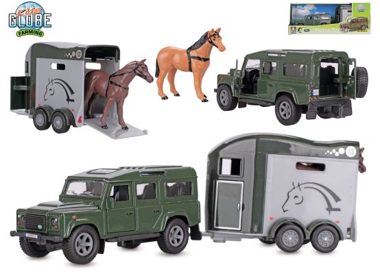Kids Globe Farming Land Rover kov s přívěsem pro koně 26cm zpětný chod v krabičce