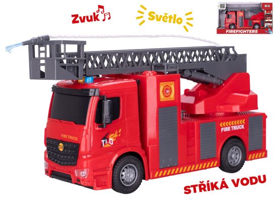 Auto hasiči 30cm stříkající vodu na setrvačník na baterie se světlem a zvukem v krabičce